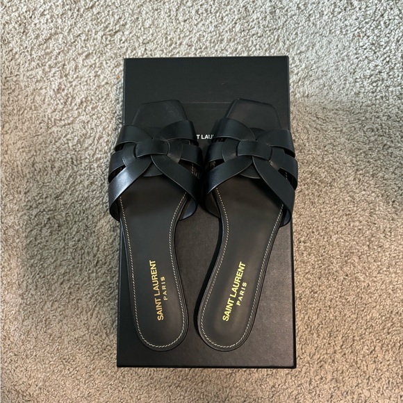 Saint Laurent Black Leather Slide Sandals - Picture 1 of 5